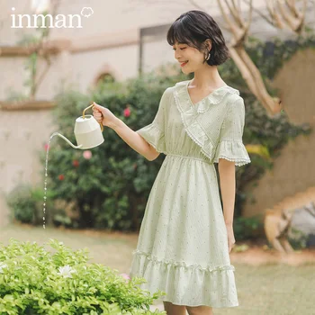 

INMAN 2020 Summer New Arriavl V-neck Splicing Falbala Wave Point Nipped Waist Retro Dress