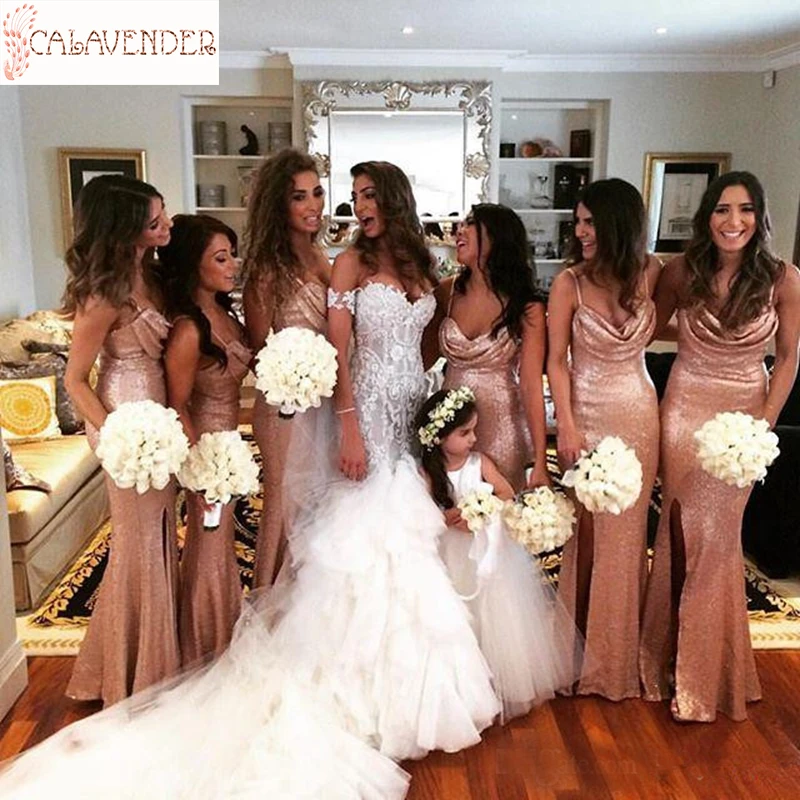 

Spaghetti Straps Sequin Bridesmaid Dresses Mermaid vestido madrinha Leg Slit Elegant Dress Women for Wedding Party