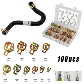 

100*Hose Clips 1*Box 100*Fuel Line Hose Spring Clip Water Pipe Air Tube Clamp Fastener 6-20mm 10Size