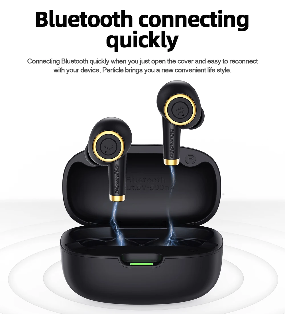 Bluedio Particle Bluetooth Headphones TWS Wireless Earbuds Waterproof Sports In-ear Headphones with Charging Case Support In-ear Detection - Black