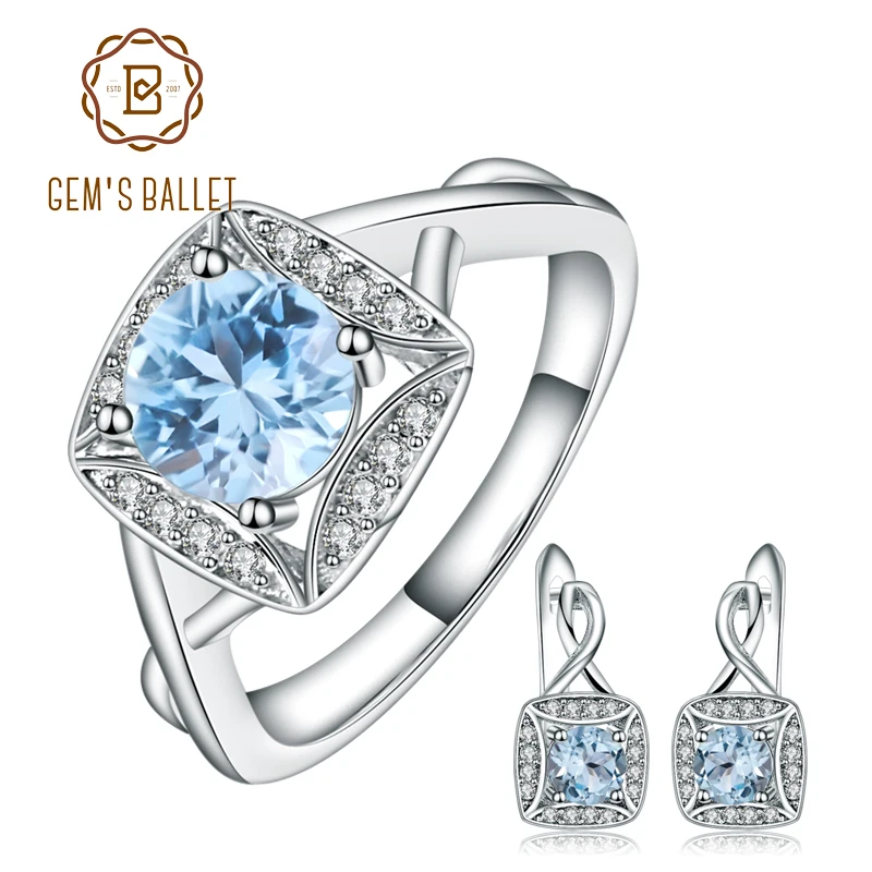 GEM'S BALLET 1.6ct натуральный Небесно-Голубой топаз кольца клипсы 925 пробы Серебряный Драгоценный Камень прекрасный набор украшений для женщин подарок