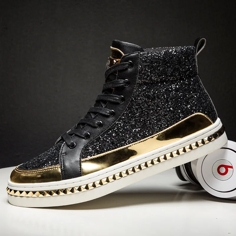 X/брендовые модные блестящие золотистые мужские кроссовки с высоким берцем; зеркальная обувь в барах; Клубная металлическая Уличная обувь в стиле хип-хоп; мужская повседневная обувь на заказ - Цвет: Black-10029