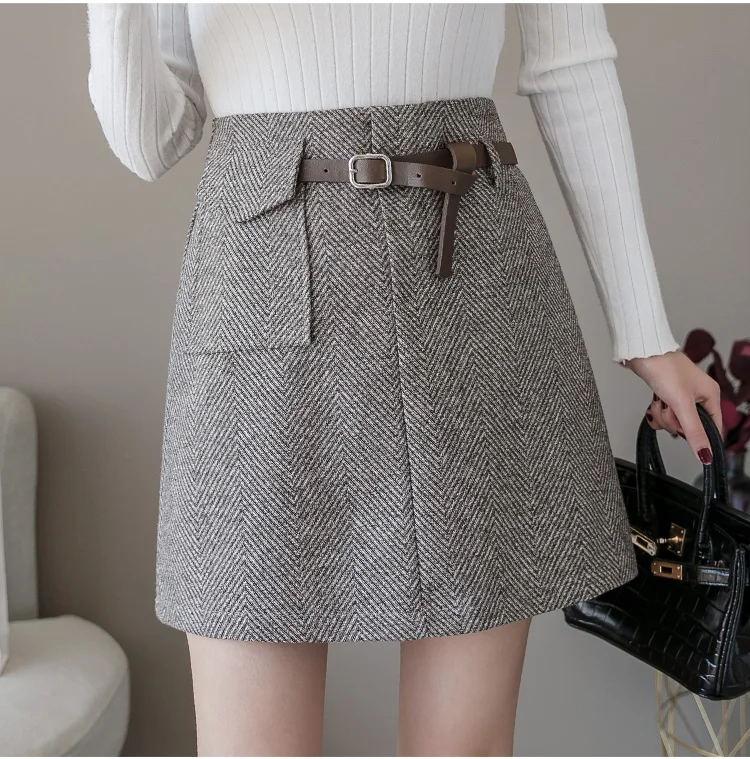 Women Quality Booty  Short Woolen Mujer Belt High Faldas Skirt High Winter Mini with Harajuku Waisted Fall Herringbone Skirt Her pink skirt