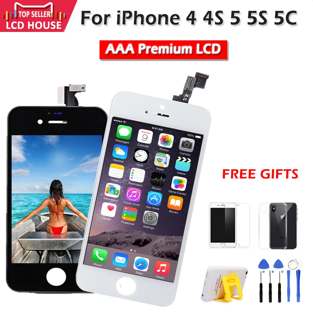 Экран AAA для iPhone 4, 4S, 5, 5S, 5C, ЖК-дисплей, сенсорный дигитайзер, передний стеклянный модуль в сборе, замена, клон, телефон, ЖК-экран