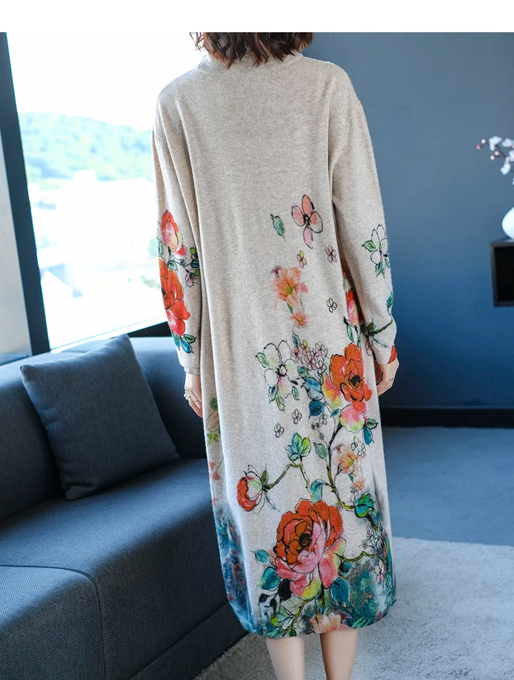 Fall Winter Vintage Women Turtleneck Long Sleeve Loose Floral Printed Cashmere Sweater Dress Woman Knitted Sweaters Dresses