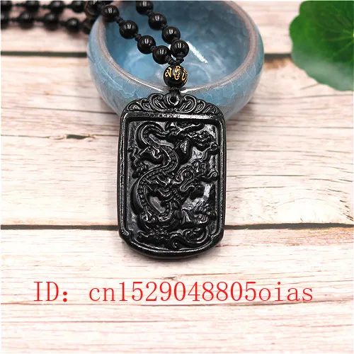 Natural Black Green Jade Chinese Dragon Pendant Beads Necklace Charm Jewelry Fashion Accessories Carved Amulet Gifts for Men Her