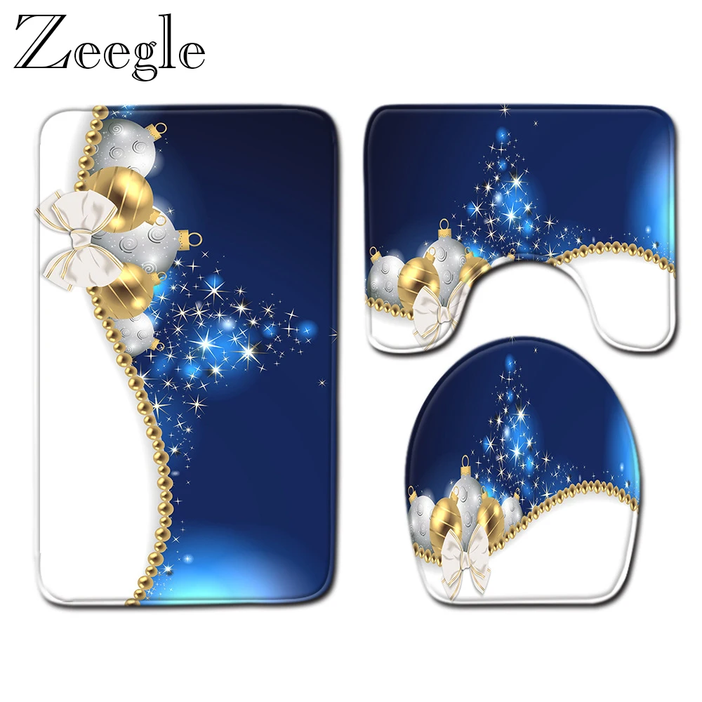 Zeegle 3pcs/set Christmas Bath Rugs Bathroom Set Decor Toilet Seat Tank Cover Rug Non-slip Bath Mattoilet Carpet Foot Mat
