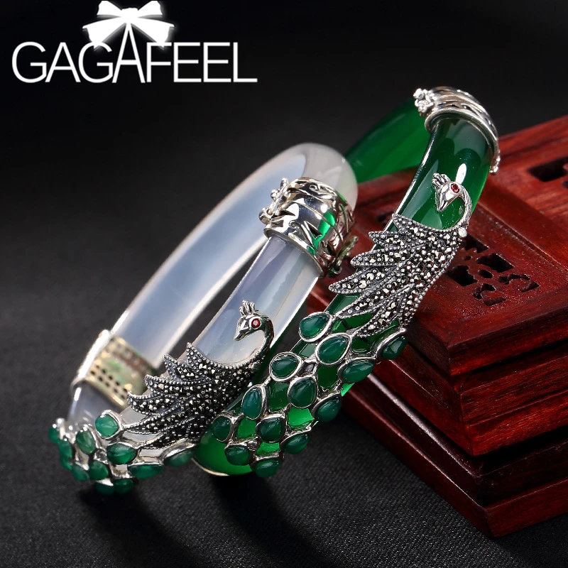 

GAGAFEEL Retro Bracelet Women White Green Chalcedony Bangles Inlaid Peacock Shape Thai Silver Bracelet Ladies High-grade Jewelry