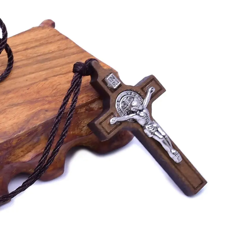 Ожерелье с крестом Иисуса, деревянная металлическая подвеска, ювелирное изделие для мужчин Wo мужчин, s, католический религиозный E65B