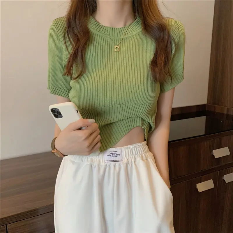 Summer Slim Thin Round Neck Solid Color Knitted Short-sleeved Pullover T-shirt Spring And Autumn New Fashion Bottoming Top