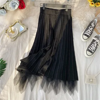 

2020 Women Skirt knitted Sequin pleated midi long A-line casual Lady high waist Female Solid dress with irregular mesh