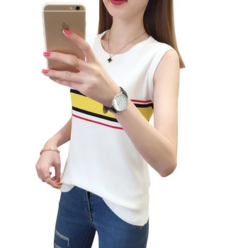 

2020 Summer Striped Sleeveless pullovers sweaters Lady White Black fashion knit vest sweaters elasticity Slim Autumn O-neck Tops