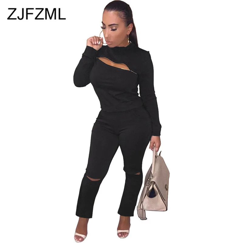 Front Zipper Hole Fashion 2 Piece Female Tracksuit O Neck Long Sleeve Bandage Top And High Waist Pants Two Sweatsuit |