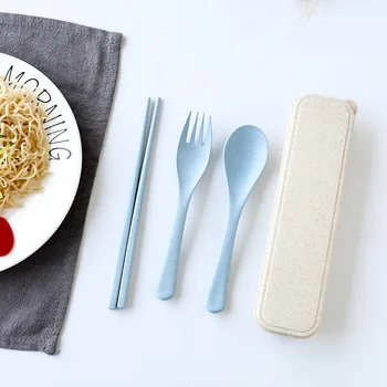 

3PCS /set Fork Spoon Set Chopsticks Wheat Simple Japanese Student Portable Cutlery Set Travel Chopsticks Box