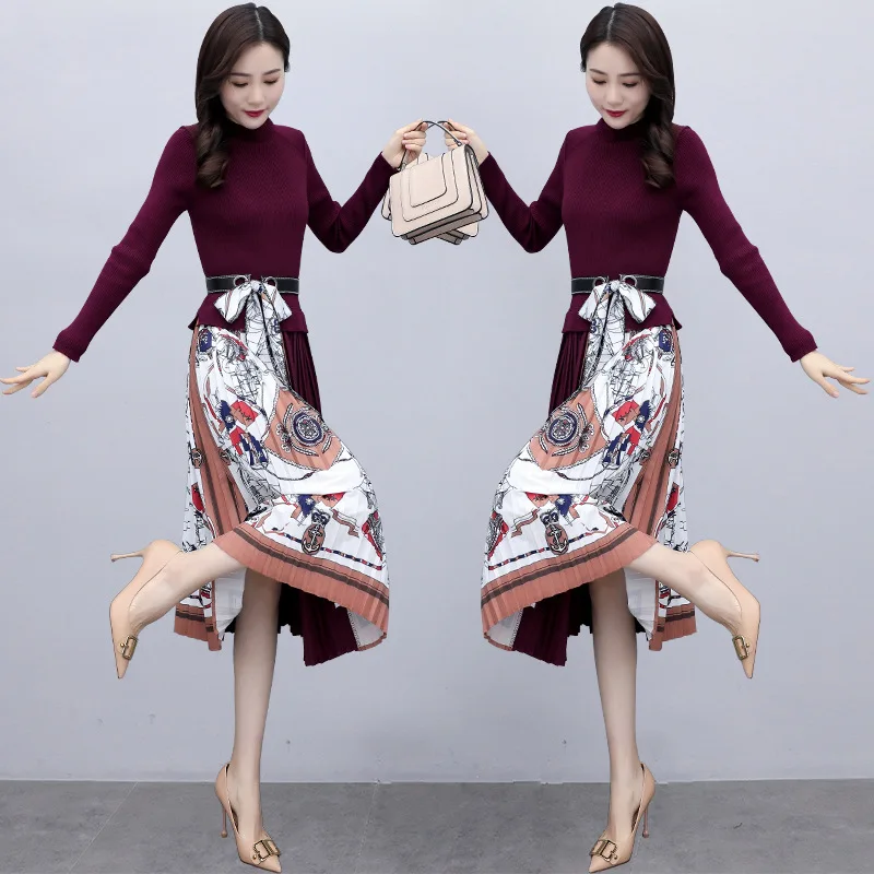 

2020 Spring New Style Knitted Joint Long-sleeved Dress Women's Pleated Fashionable over-the-Knee Mid-length nei da qun Fashion