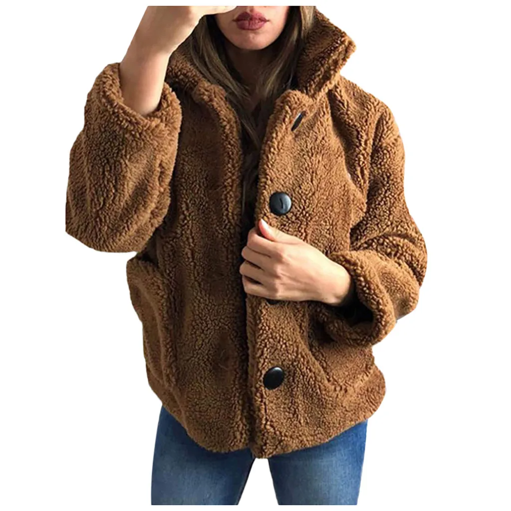 Элегантный костюм из искусственного меха пальто Для женщин осень-зима теплая мягкая Кнопка Меховая куртка Женская Плюшевые пальто Повседневное верхняя одежда Размеры: S-xl# J30 - Цвет: Coffee