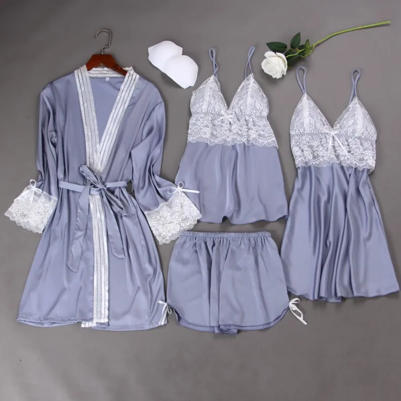 Summer New 4 Pcs Set Women Pyjama Satin High Quality Lace Sexy Sleepwear With Chest Pad Pajamas | Женская одежда