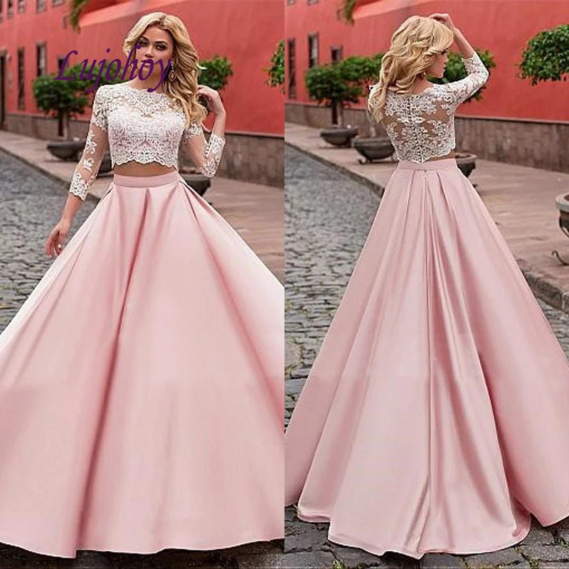 

Pink Long Sleeve Lace Evening Dresses Party Plus Size Two 2 Piece Women Ladies Elegant Prom Formal Evening Gowns Dresses