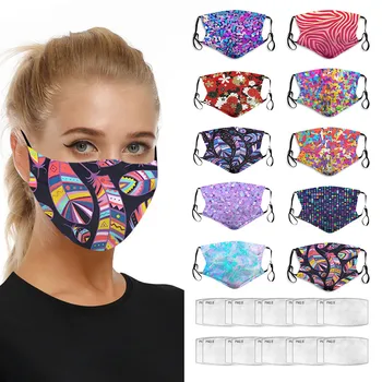 

10pc Women Print Mask Foggy Haze PM2.5 2-layer Mask Breathable Cycling Mask With Gasket Face Mask Filter mascara facial protecto