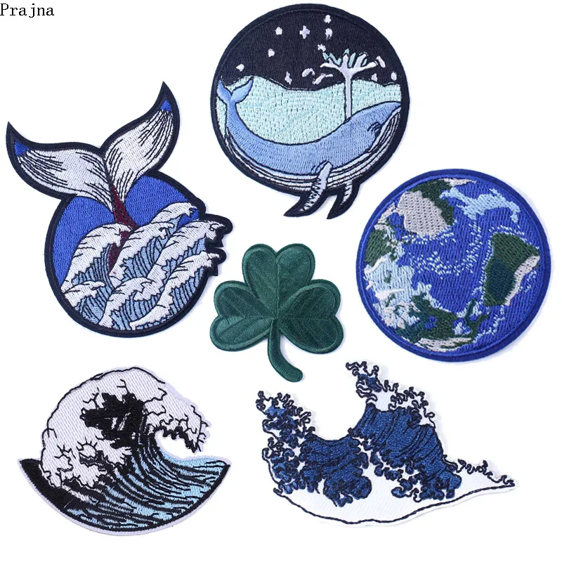 

Prajna Wave Whale Patch Iron On Embroidered Patches For Clothes Stripe Picture Hippie Stickers Patches On Clothes Parch Applique