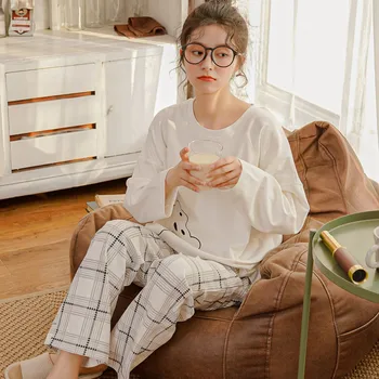 

White Cute Cartoon Women Pajamas Set Sleepwear Soft Cotton Sleep Set Nightwear Casual Loose Home Clothes Bathrobe Pyjamas Suit