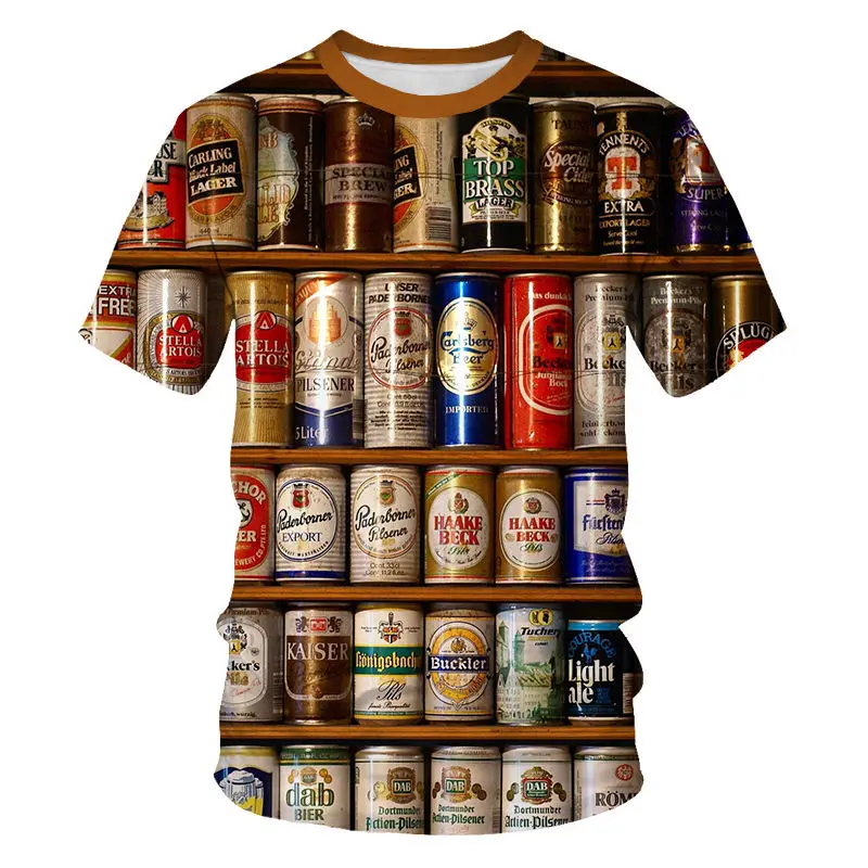 Лето Новинка Мужская 3D футболка банки пива печатных хип хоп Crewneck короткий рукав мужчины/женщины футболки топы