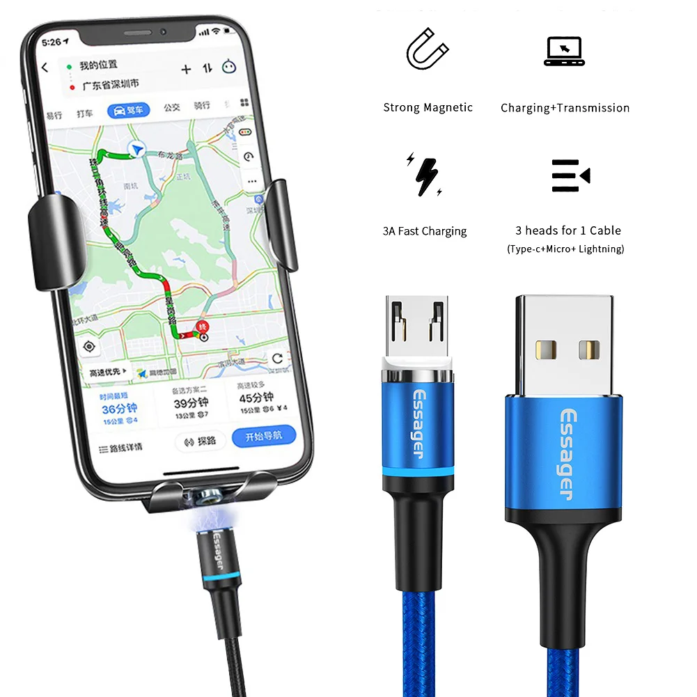 Магнитный кабель Micro USB Essager для IPhone samsung Android, кабель USB для быстрой зарядки, 3 м шнур, Магнитный адаптер зарядного устройства