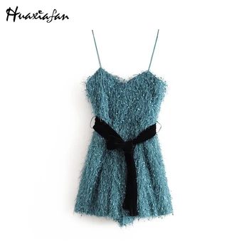 

Huaxiafan New Women's Tassel Feathers Jumpsuit Fashion V-neck Thin Belt with Belt Short Paragraph Jumpsuit Women's Streetwear