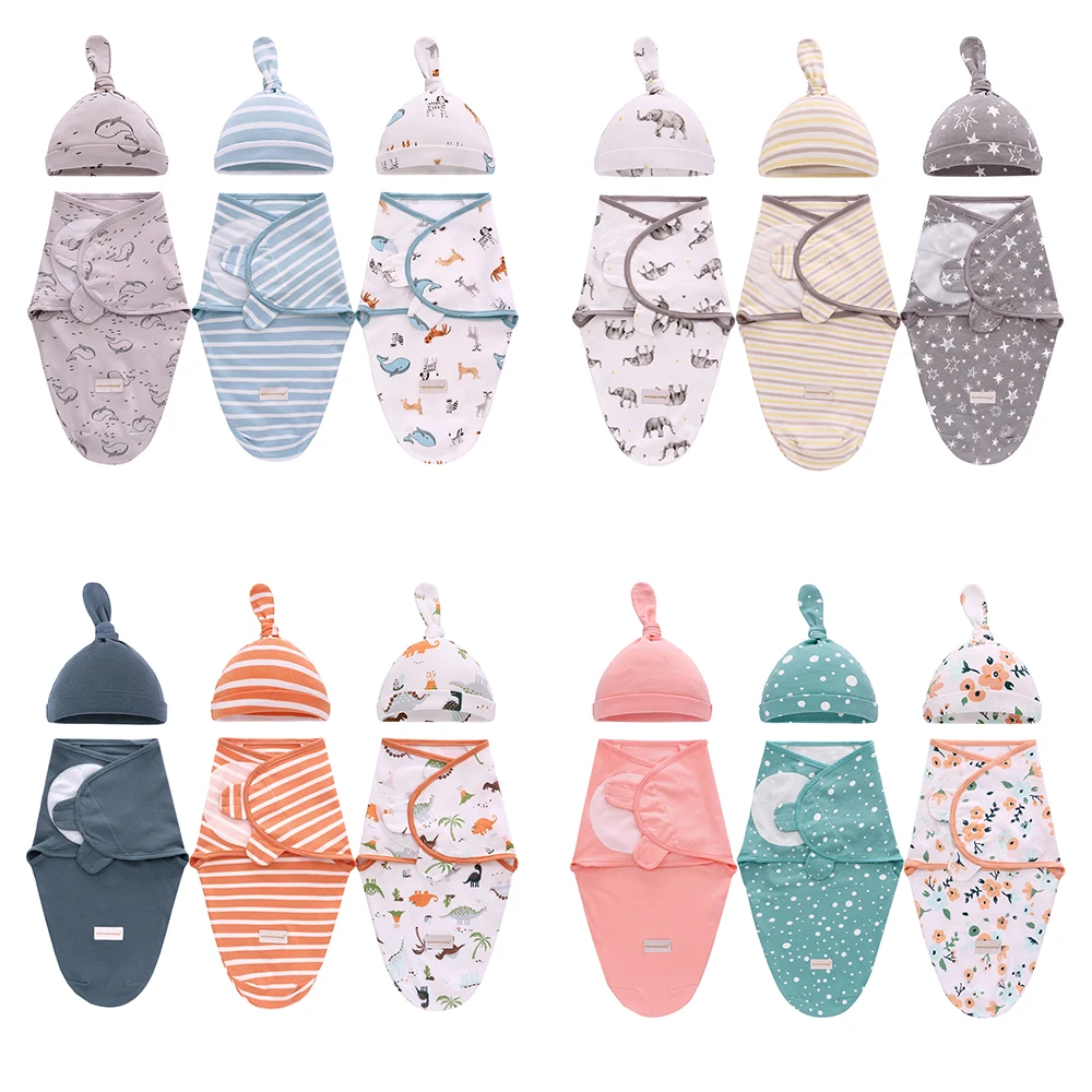 Manta envolvente para Recién Nacido + sombrero, manta receptora de algodón, ropa de cama con dibujos animados, saco de dormir para niños de 0 a 6 meses