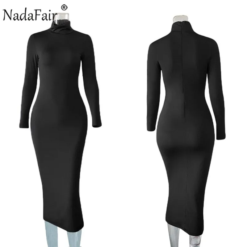 Nadafair Turtleneck Long Sexy Bodycon Dress Women Autumn Winter Long Sleeve Basic Red Black White Solid Midi Dress