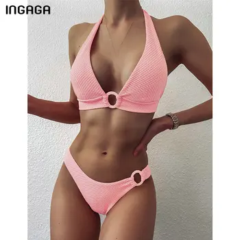 

INGAGA Pink Bikinis Swimsuits Bandage Halter Swimwear Women Push Up Biquini Bathing Suits Special fabric Swim Suit 2020 Bathers