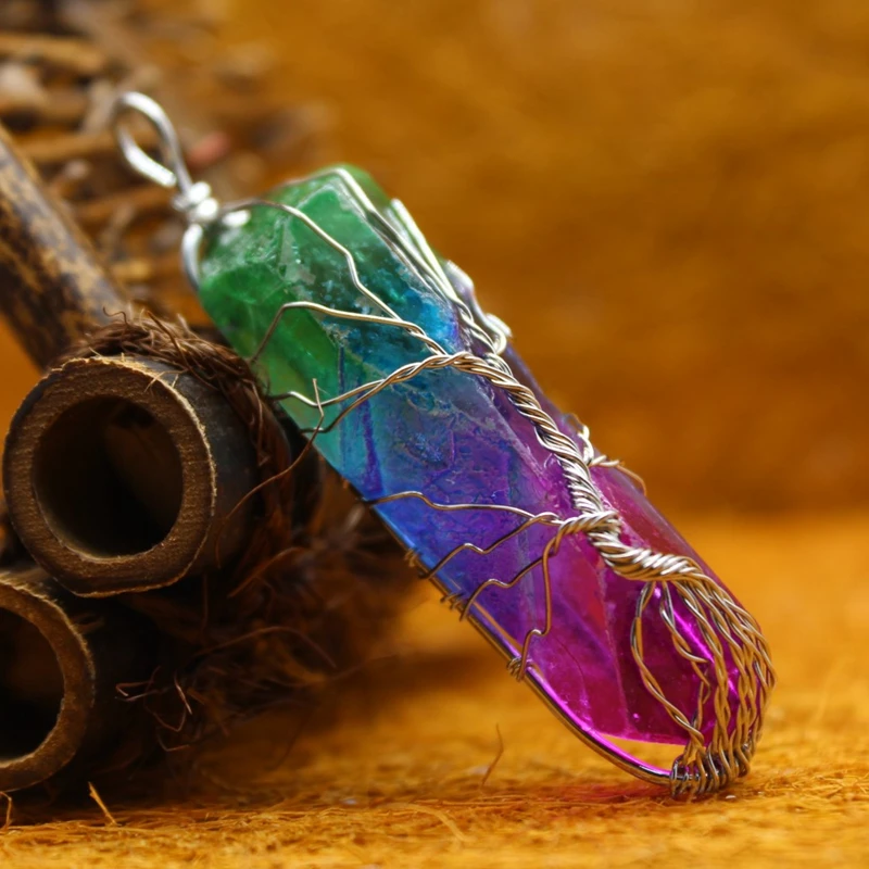 2-2Send Leather Chai Natural Crystal Big Pendants Reiki Chakra Handmade Wire Wrapped Tree of Life Quartz Pendant for Necklace Healing Yoga jewelry - Окраска металла: 2-2Send Leather Chai