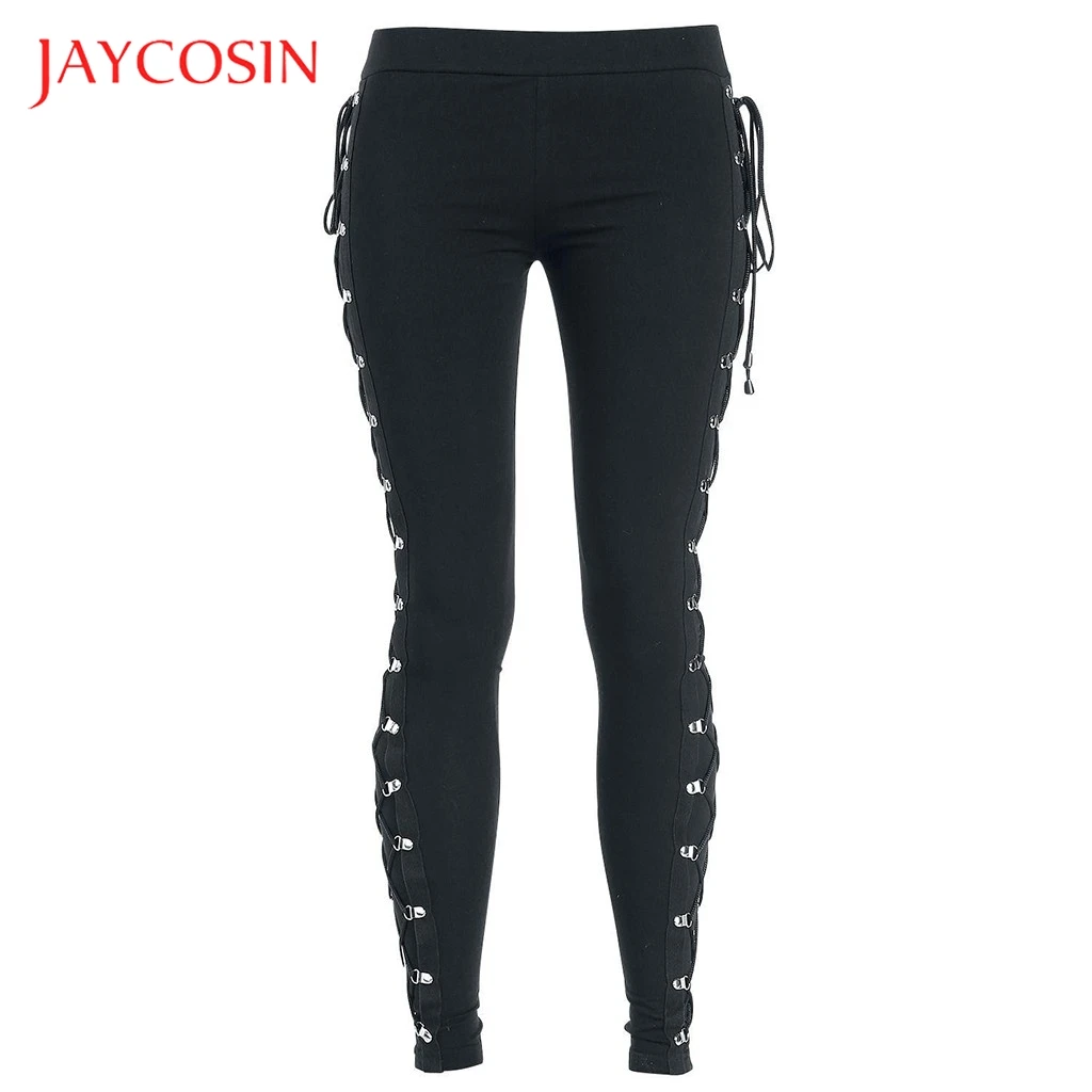 JAYCOSIN, женские модные готические леггинсы со шнуровкой сбоку, черные обтягивающие штаны, однотонные спортивные штаны, тренировочные штаны для верховой езды
