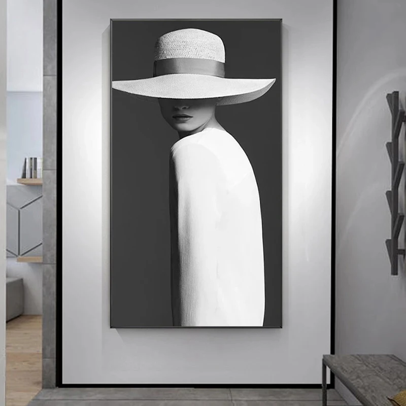 

Best Black White Fashion Wear A Hat Girl Wall Art Canvas Painting Nordic Posters And Prints Decoration Pictures For Living Room