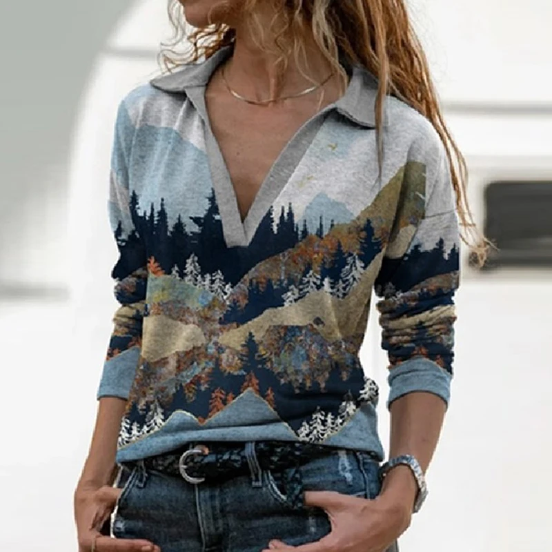 

Elegant Pattern Landscape Print Blouse Shirt Women New Autumn Turn-down Collar Top Pullover Vintage Long Sleeve Streetwear Blusa