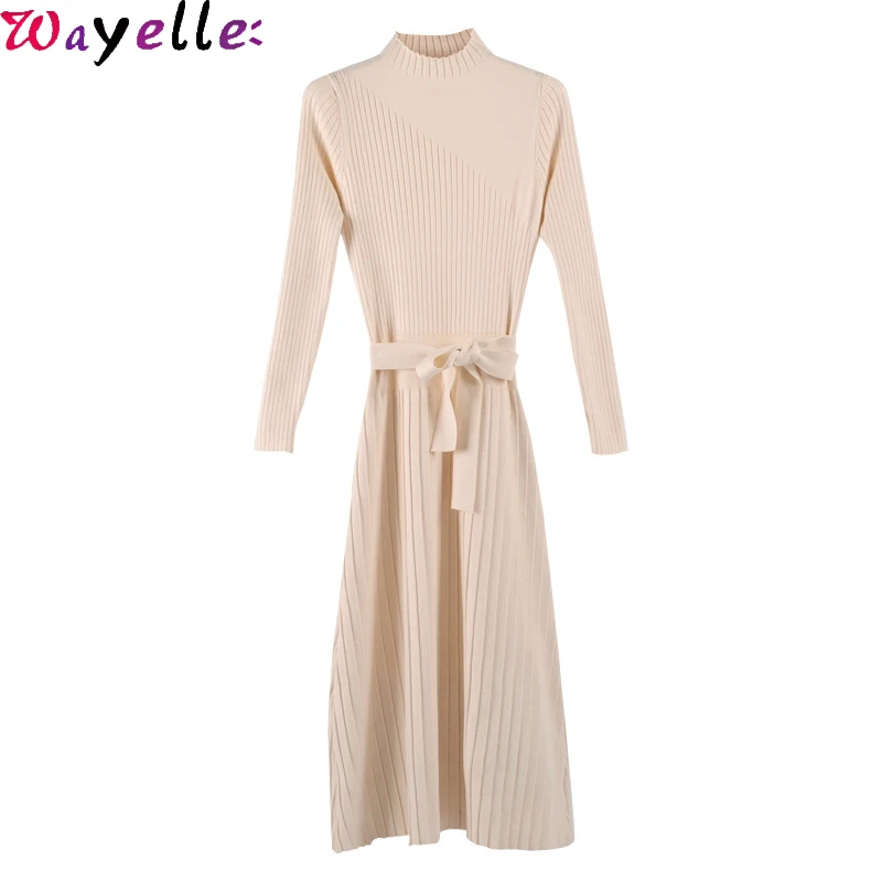 

Sweater Dress Women 2019 Autumn Winter Long Sleeve Maxi Ladies Party Dress Elegant Slim A-line OL Long Sweater Dress with Belt