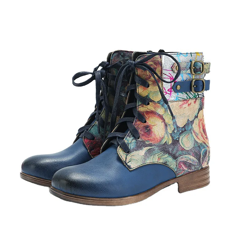 

Зима 2020 года, новая женская обувь сливового цвета, с цветочным принтом в британском стиле, с круглым носком, на квадратном каблуке