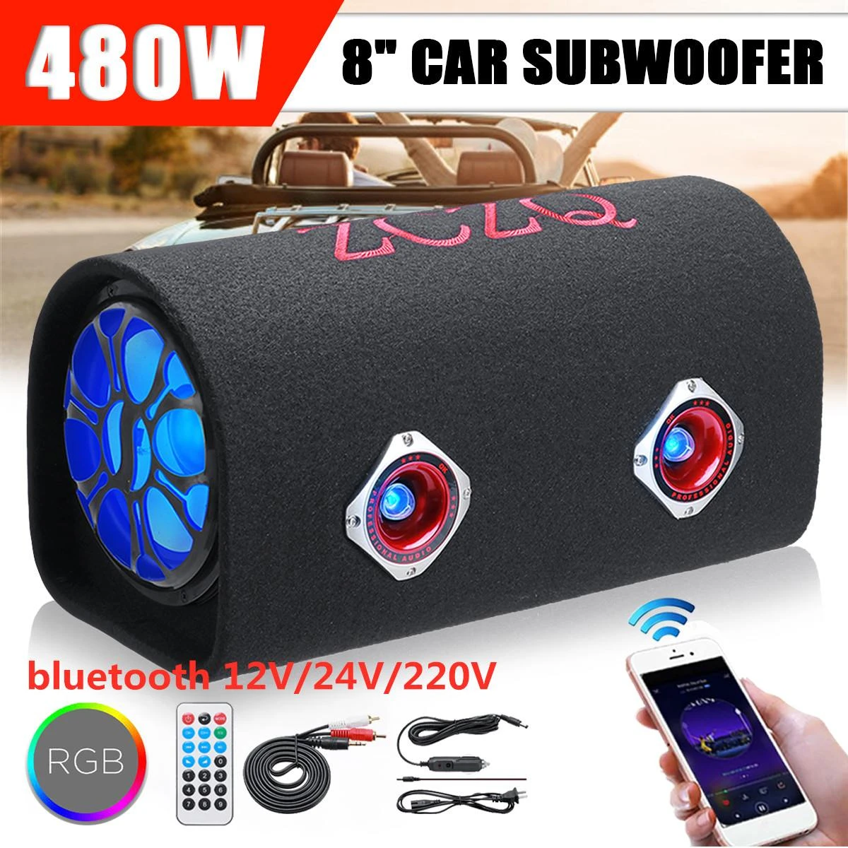 8 pulgadas 480W bluetooth RGB LED de Audio coche Subwoofer activo bajo tubo para bocina caja HiFi para coche casa amplificador altavoces Bass 12V 12V 24V 220V|Altavoces con incluidos|