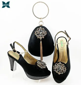 

Newest Shoes and Matching Bags Set Decorated with Rhinestone Italian design Black Color Shoes with Matching Bag Set