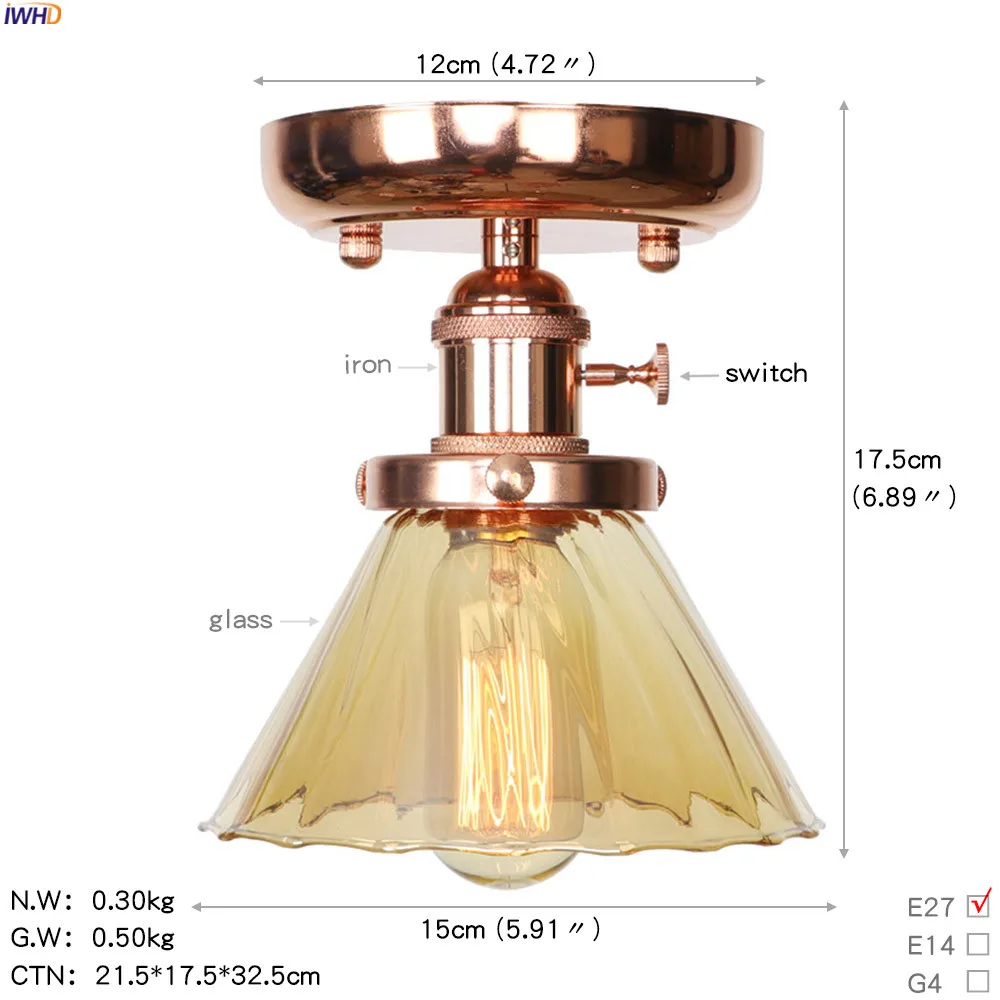 IWHD Nordic железный металлический светодиодный потолочный светильник балкон Освещение в гостиную Edison стеклянные потолочные светильники Plafon Lamparas De Techo