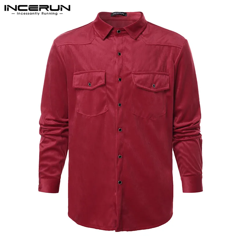 Red Shirt Осенние вельветовые рубашки для мужчин, повседневные, с карманами, модная уличная одежда, для фитнеса, Camisa, с отворотом, с длинным рукавом, брендовая однотонная мужская рубашка INCERUN - Цвет: Red Shirt