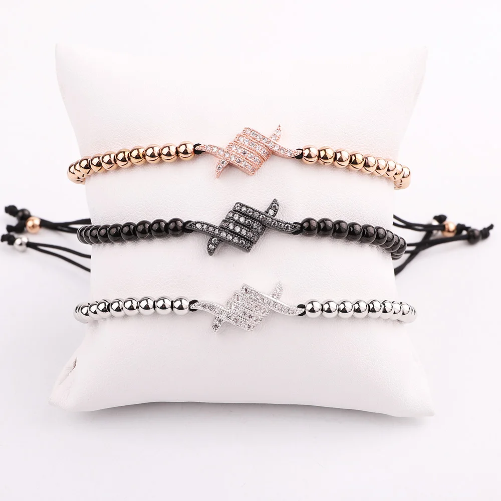 Jaravvi High Quality CZ Micro Pave Barbed Wire Stainless Steel Beads Cord Braided Macrame Friendship Bracelet Men Jewelry Gift