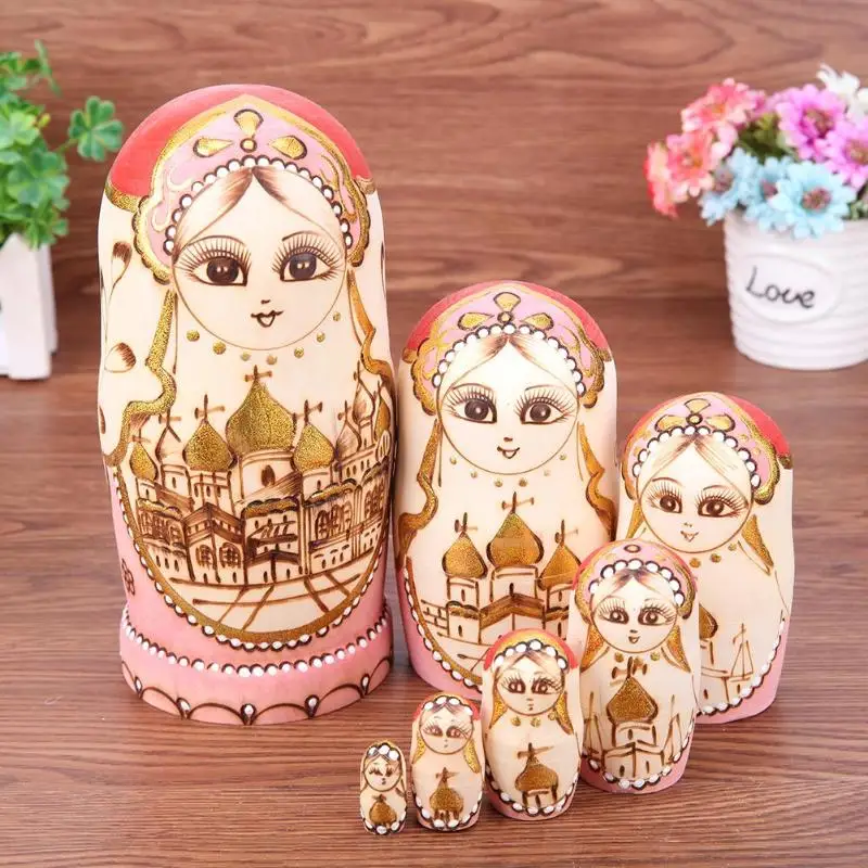 7 шт. русские Matryoshka деревянные матрешки замок Краска игрушка липа дерево чистая ручная работа церковь, замок для детей подарки на Рождество
