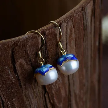 

CLOISONNE FRESHWATER PEARL FLOWER EARRINGS 925 SILVER PURE S925 STERLING SILVER DROP EARRING FOR WOMEN ETHNIC JEWELRY