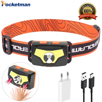 

Induction LED Headlamp with Tail Red Warning Light IR Sensor Headlight 7 Modes USB Rechargeable Headlight with Magnet Head Torch
