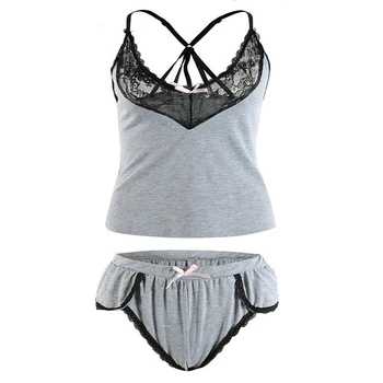 

Lady Summer Sleepwear Set Sexy Lace Nightclothes Women V-Neck Backless Tank High Waist Print Panties Female Comfort Pajama Set
