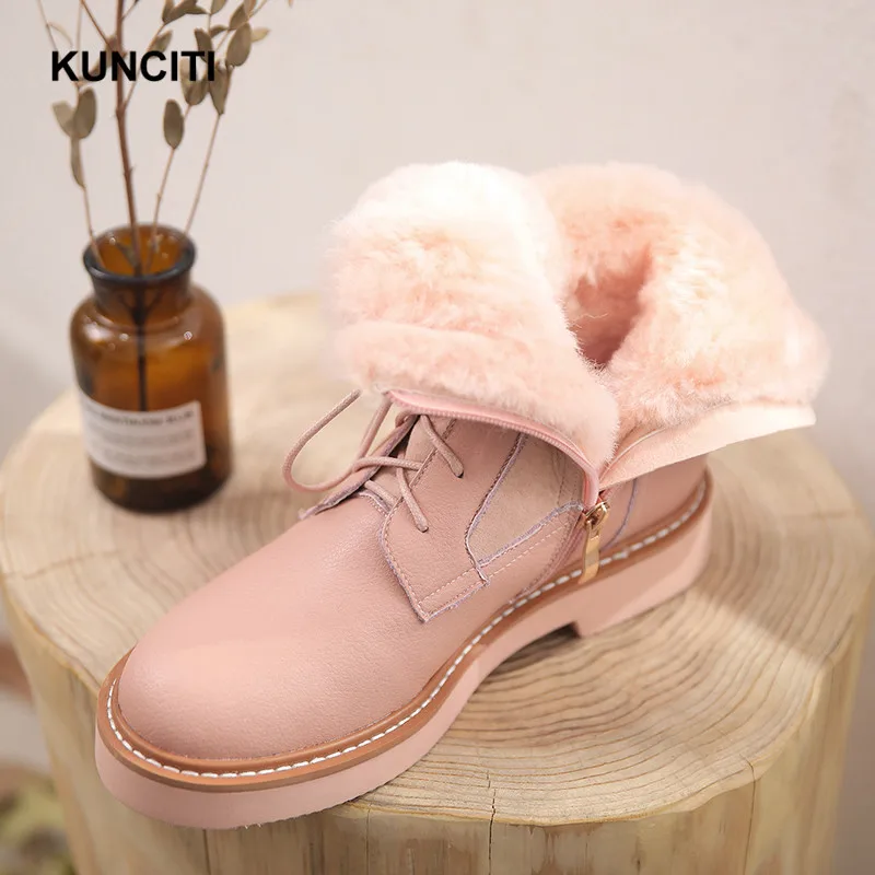 KUNCITI/ зимние сапоги из натуральной кожи на овечьем меху; женские зимние сапоги на шнуровке; женская теплая обувь розового цвета; меховые сапоги для женщин; D9256