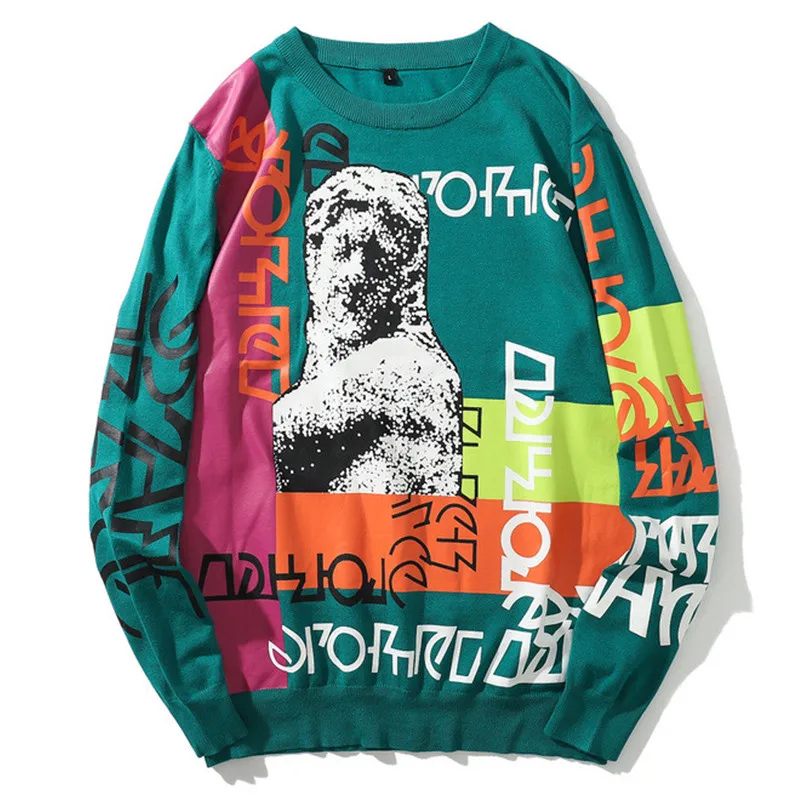 

Sweater Men Graffiti Letter Print Pullover Funny Tracksuit Hip Hop Male Sweaters Knitted High Street Casual Streetwear