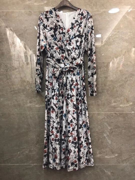 Aw19 новое женское длинное платье с v-образным вырезом и рисунком, украшенное длинным рукавом 1017