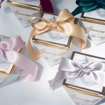 

50pcs Creative Marble Candy Boxes Wedding Favors and Gifts Box Party Baby Shower Paper Chocolate Boxes Package With Ribbons